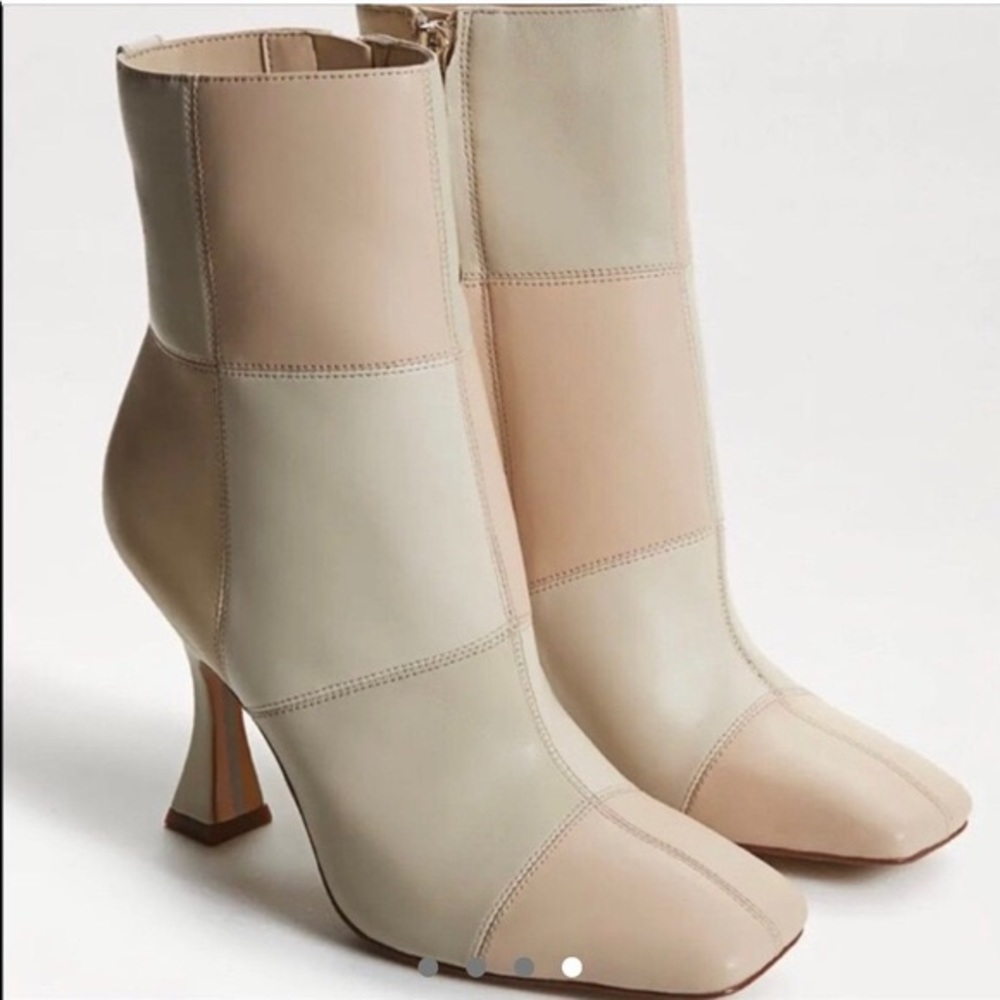 Sam Edelman Cream and Green Heeled Boots with Sculptural Heel
